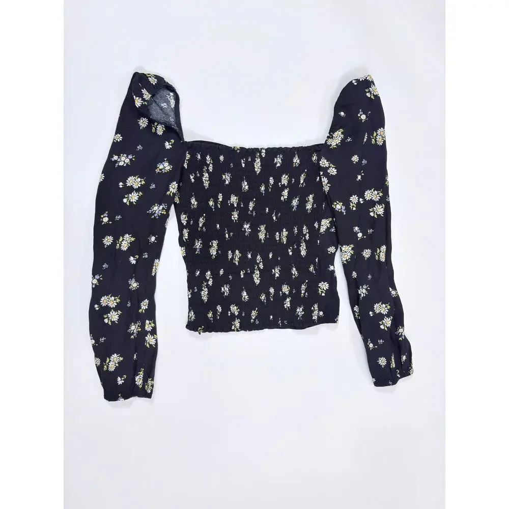 Romantic French Girl Black Ditsy Floral Print Reformation Puff Sleeve Top Size 4